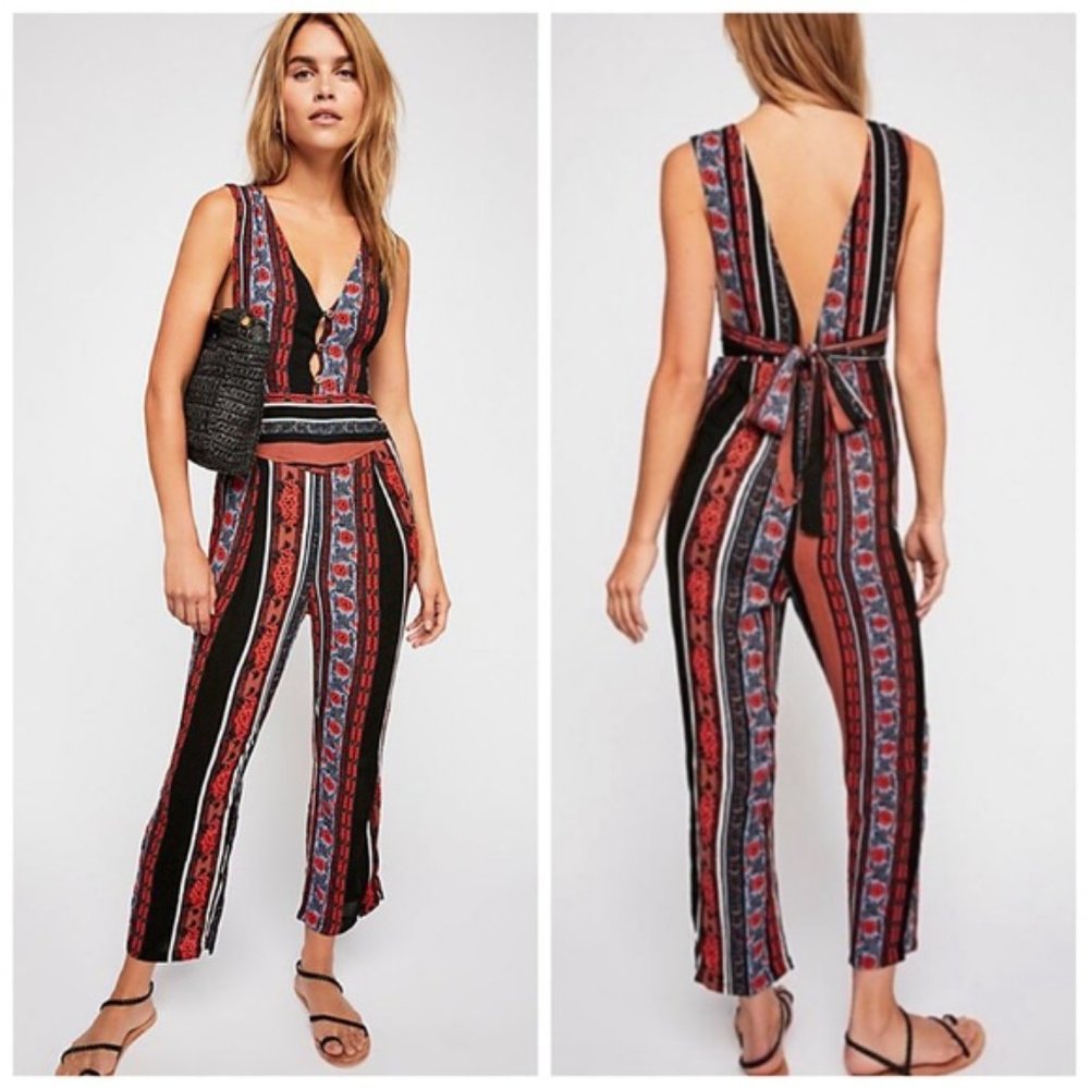 Free People All Shook Up Floral Stripe Jumpsuit